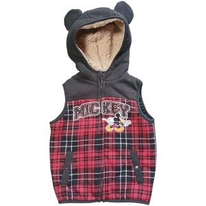 Mickey Disney Hooded Vest -‎ Black and Red Plaid Sz 4